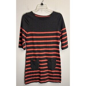 Boden Breton Dress Mini Striped Gray Salmon Elbow Sleeve Pocket US 4 Casual Work